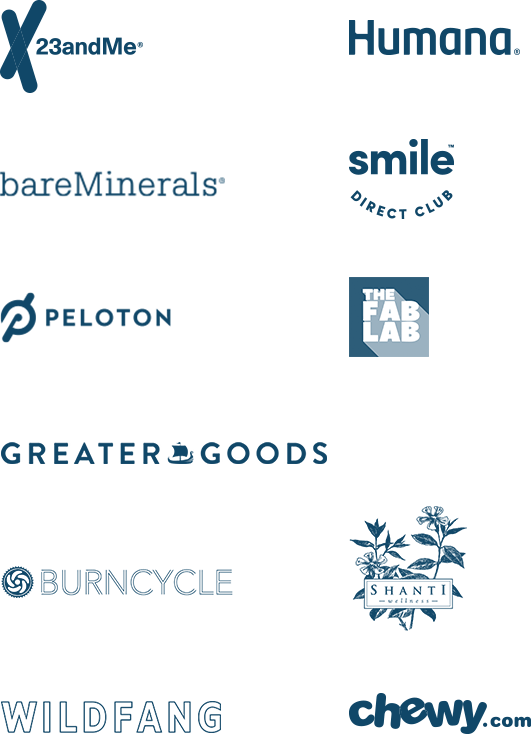 Logos for 23andMe, Humana, bareMinerals, Smile Direct Club, Peloton, Greater Goods, The Fab Lab, Burncycle, Shanti, Wildfang and Chewy.com