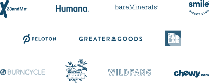 Logos for 23andMe, Humana, bareMinerals, Smile Direct Club, Peloton, Greater Goods, The Fab Lab, Burncycle, Shanti, Wildfang and Chewy.com